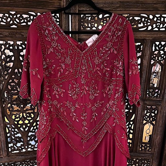 ROAMAN’S RUBY RED MAROON BURGUNDY BEADED SEQUINS LAYERED EVENING DRESS - Picture 1 of 7